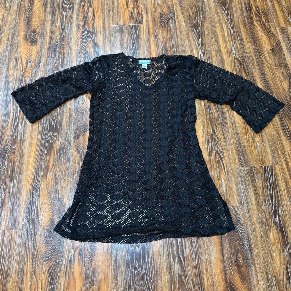 Porto Cruz Black Crochet Lace V-Neck Swim Cover Up Tunic 3/4 Sleeve Large 2901